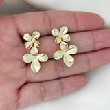 Gold flower-shaped earrings held in a hand on a white background