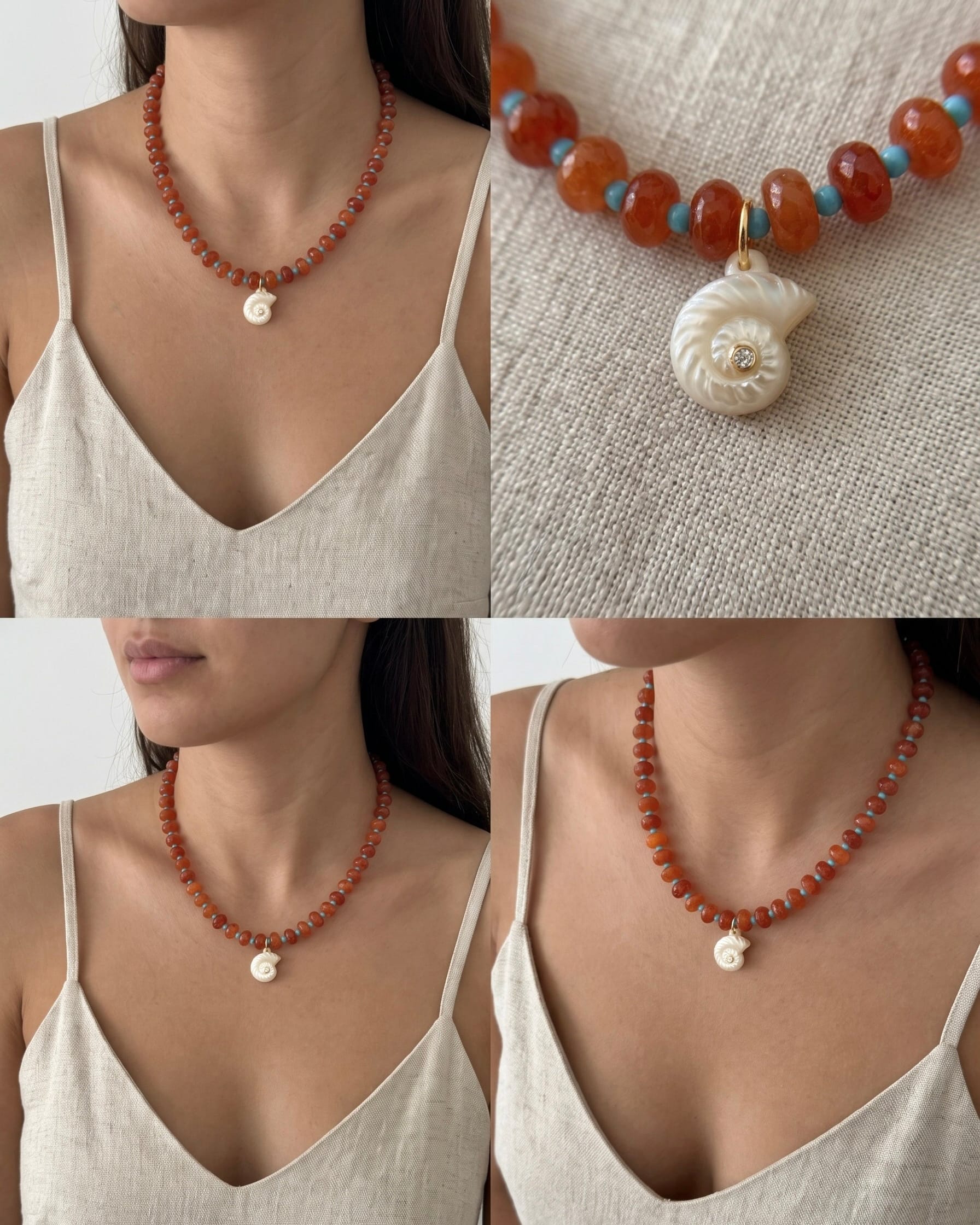 LE sensor necklace Solara Orange-Red Gemstone & Shell Pendant Necklace