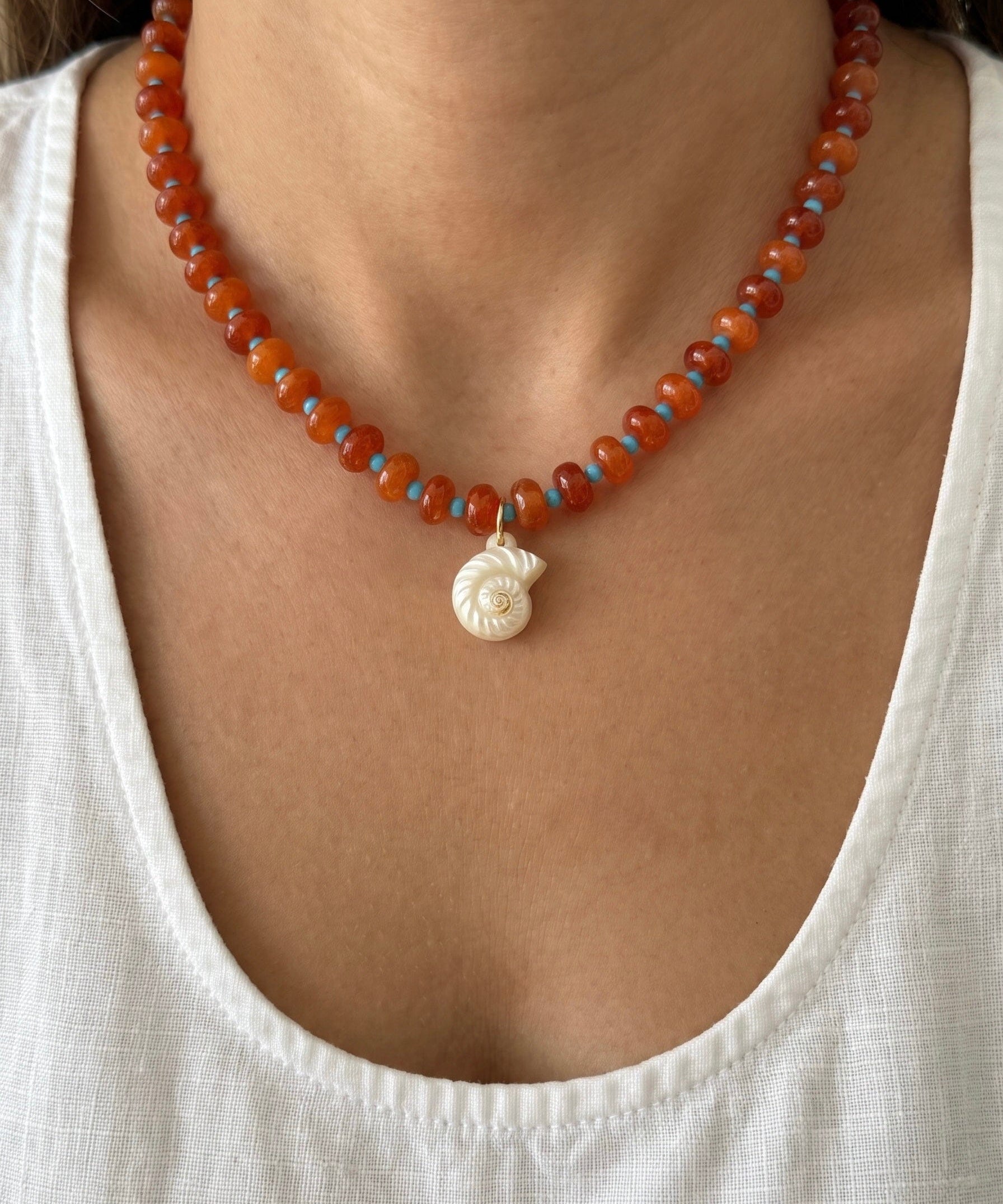 LE sensor necklace Solara Orange-Red Gemstone & Shell Pendant Necklace