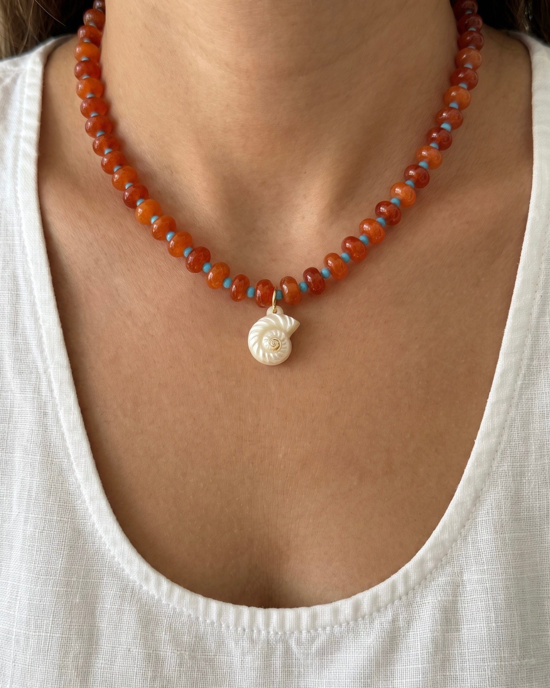 LE sensor necklace Solara Orange-Red Gemstone & Shell Pendant Necklace