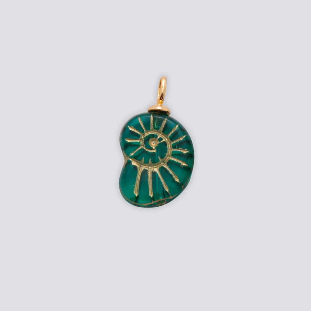 Green pendant with gold accents on a light gray background