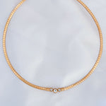 18K gold plated collar necklace flat snake  chain and CZ center accents on white background. Waterproof hypoallergenic non tarnish jewelry by LE Sensor.