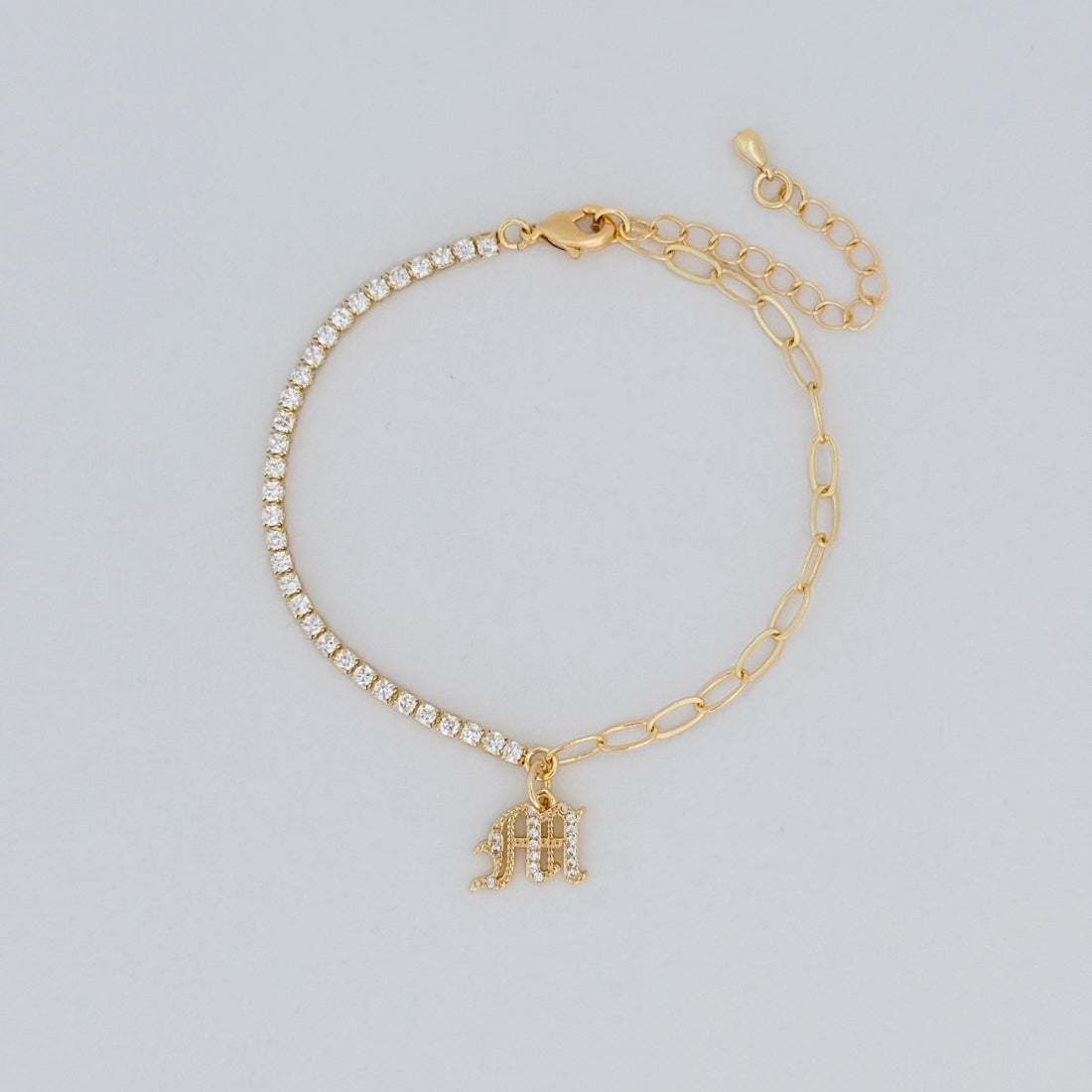 Gold-filled CZ tennis bracelet with paperclip chain and initial charm, personalized style