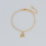 Gold-filled CZ tennis bracelet with paperclip chain and initial charm, personalized style
