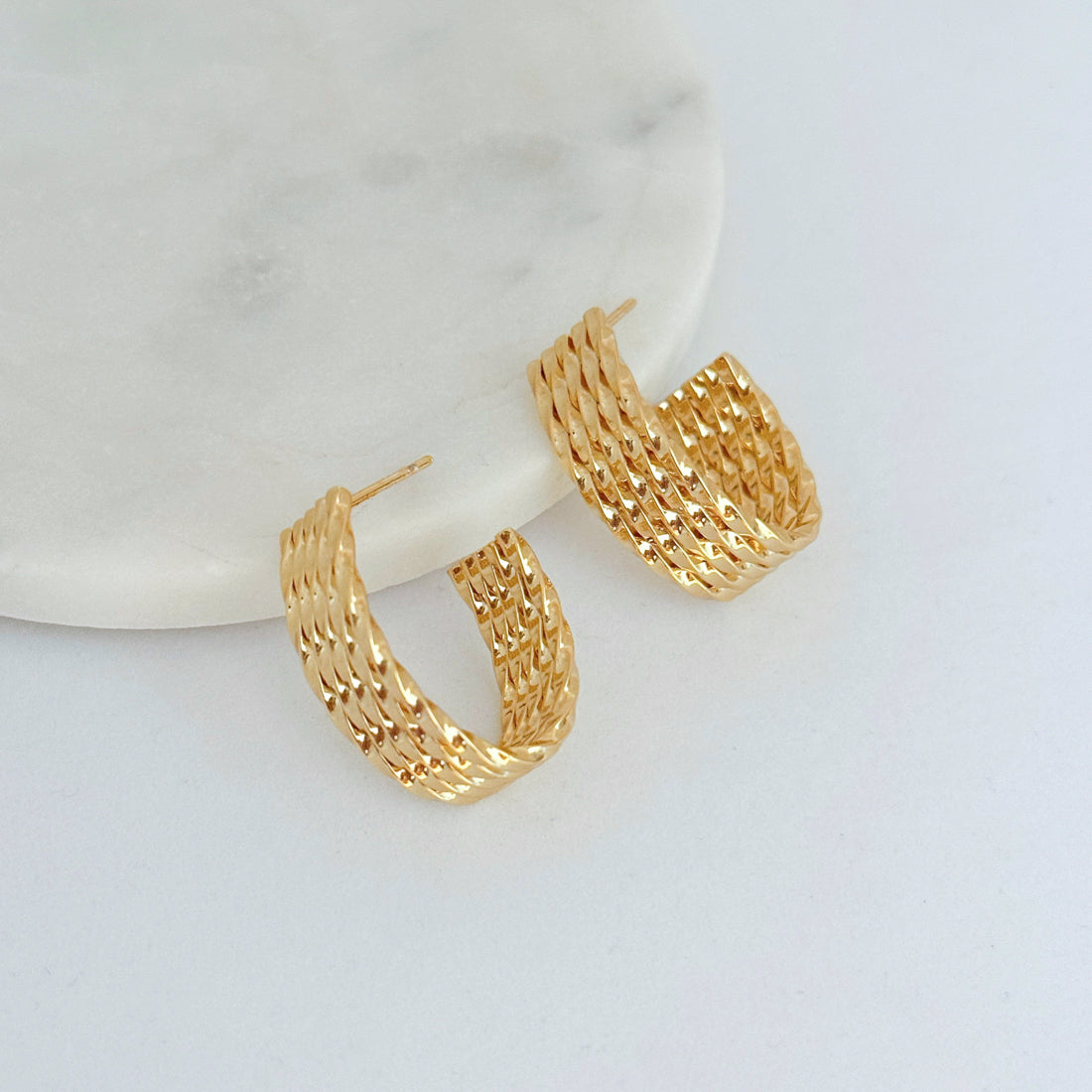 18K gold filled twisted Presley hoop earrings on white background. Waterproof hypoallergenic non tarnish jewelry by LE Sensor.